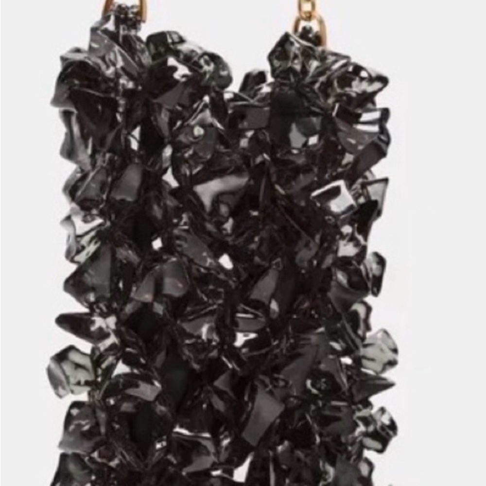 NWT $59 Zara Black Glossy Textured Black Crystal Handbag with Gold Chain - Picture 3 of 7